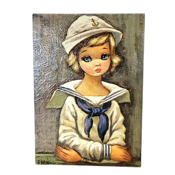 Vintage 60s Big Blue Eyed Sailor Girl Kitschy Lithograph Print Eden No. 5742 - Picture 2 of 6